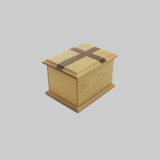 Small Alder Wood Keepsake Urn with Inlaid Walnut Cross – 30 Cubic Inches