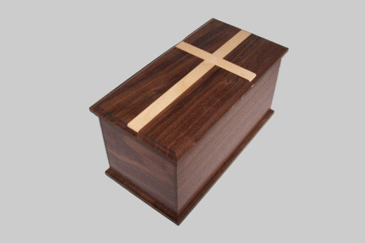 Extra large Walnut cremation urn with maple cross